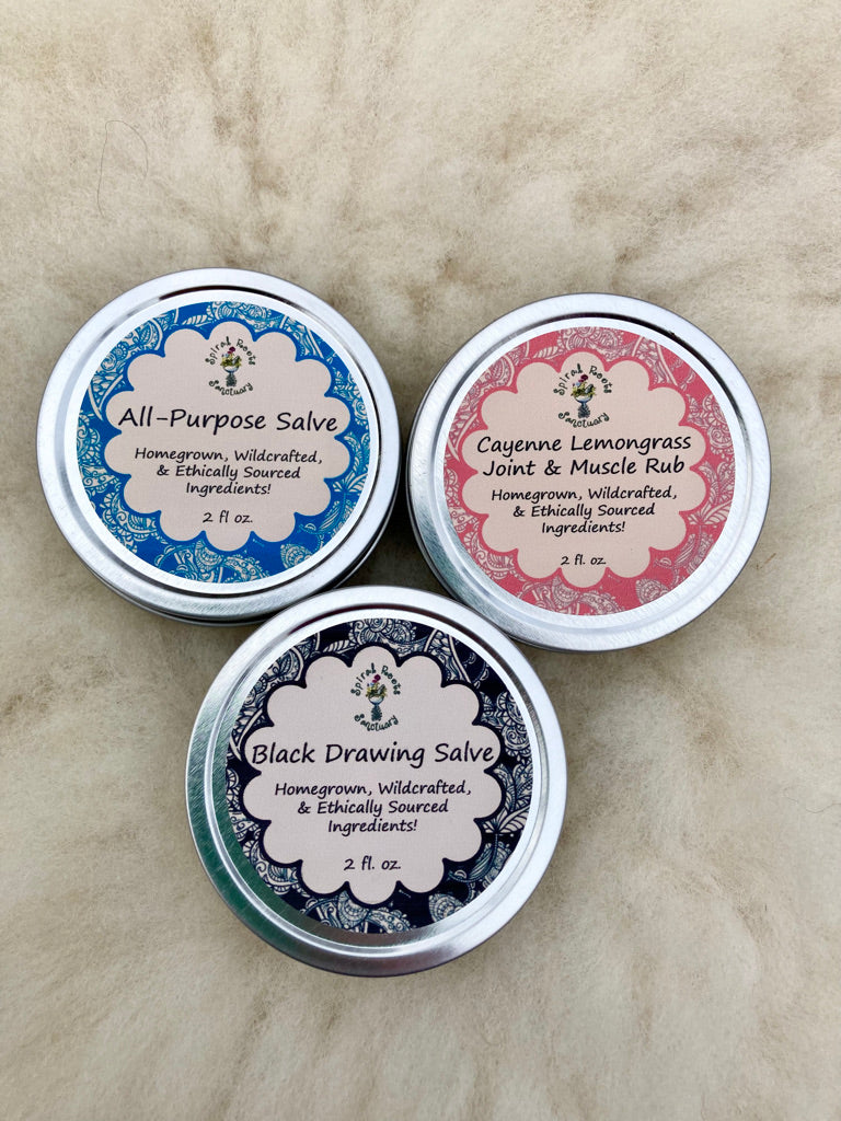 Salve Set with All Purpose Salve, Muscle Rub + Black Salve Herbal First Aid Kit for Cuts, Stings, Splinters + Sore Muscles for Gardener Gift