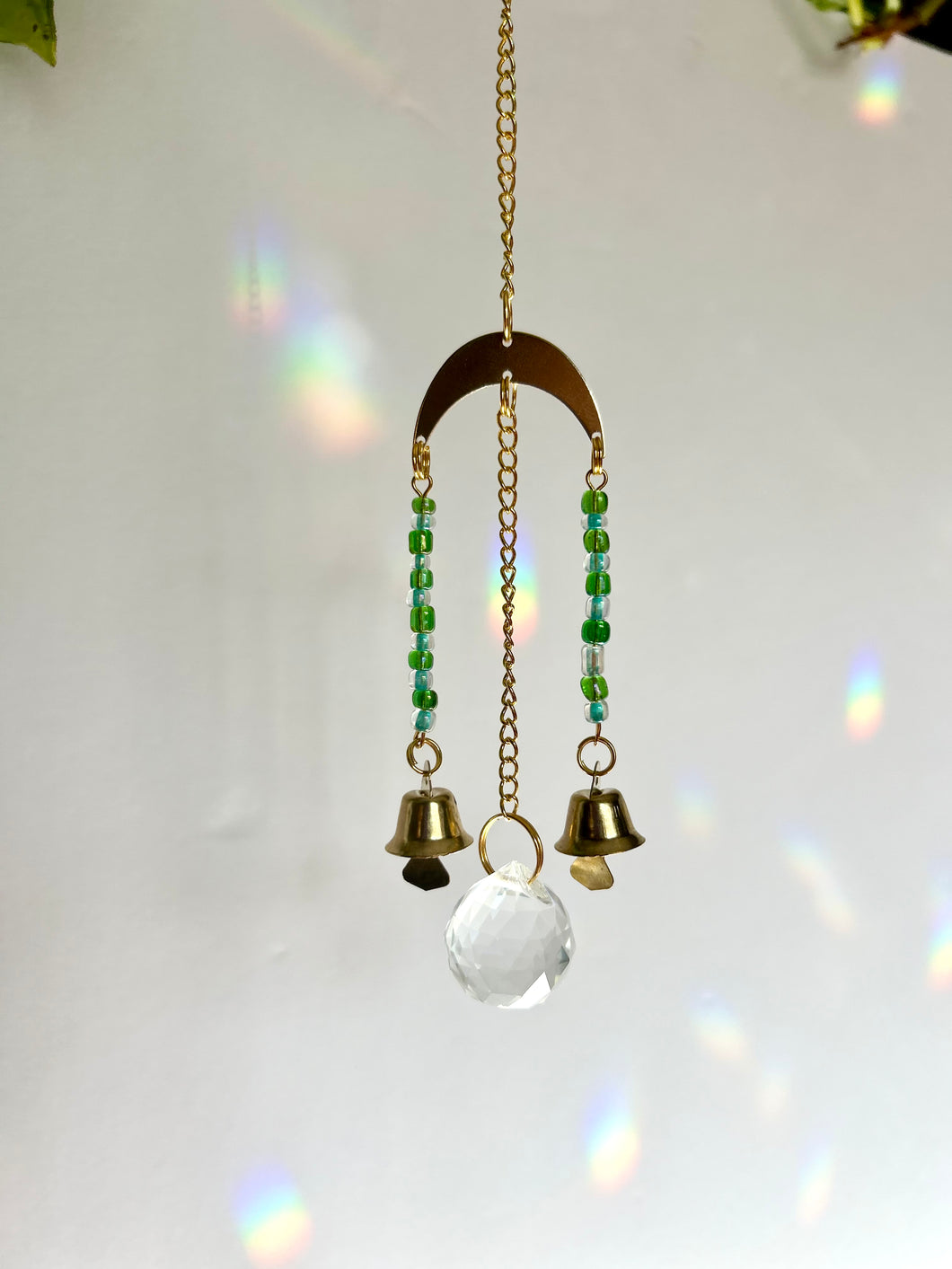 Mini Gold Moon Suncatcher with Green & Blue Glass Beads and Bells – Rainbow Prism Window Decor
