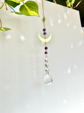 Load image into Gallery viewer, Gold Moon Suncatcher with Amethyst &amp; Citrine Beads and Sun Charm – Rainbow Light Window Decor
