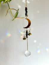 Load image into Gallery viewer, Gold Half Moon Suncatcher with Agate &amp; Tiger’s Eye Beads and Brass Bells – Rainbow Prism Window Decor
