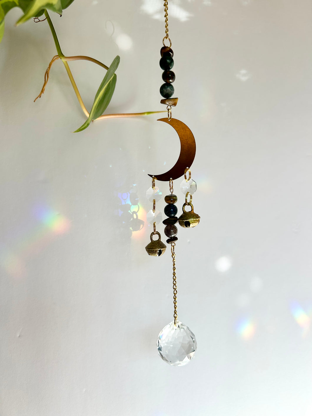 Gold Half Moon Suncatcher with Agate & Tiger’s Eye Beads and Brass Bells – Rainbow Prism Window Decor