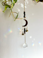 Load image into Gallery viewer, Gold Half Moon Suncatcher with Agate &amp; Tiger’s Eye Beads and Brass Bells – Rainbow Prism Window Decor
