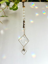 Load image into Gallery viewer, Rainbow Maker Suncatcher with Half Moon Charm, Tiger’s Eye &amp; Amethyst Beads in Gold Diamond Frames – Prism Window Decor
