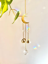 Load image into Gallery viewer, Gold Half Moon Suncatcher with Prism Beads and Bells – Rainbow Light Window Decor
