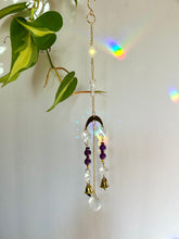 Load image into Gallery viewer, Mini Gold Moon &amp; Sun Suncatcher with Amber &amp; Amethyst Beads, Bells, and Prism Accents – Witchy Boho Decor
