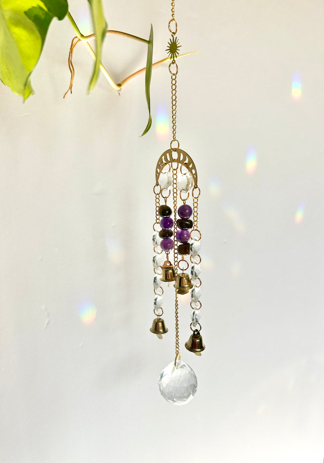 Gold Moon Phase Suncatcher with Amethyst & Tiger’s Eye Beads, Gold Starburst Charm, Bells, and Sun Prism Beads – Witchy Boho Decor