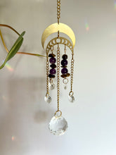 Load image into Gallery viewer, Suncatcher with Two Gold Moon Charms, Amethyst &amp; Tiger’s Eye Beads, and Prism Accents – Celestial Light Decor
