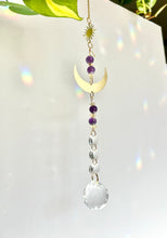 Load image into Gallery viewer, Gold Moon Suncatcher with Amethyst &amp; Citrine Beads and Sun Charm – Rainbow Light Window Decor
