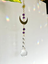Load image into Gallery viewer, Gold Moon Suncatcher with Amethyst &amp; Citrine Beads and Sun Charm – Rainbow Light Window Decor
