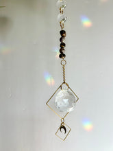 Load image into Gallery viewer, Rainbow Maker Suncatcher with Half Moon Charm, Tiger’s Eye &amp; Amethyst Beads in Gold Diamond Frames – Prism Window Decor
