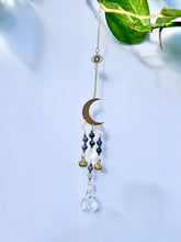 Load image into Gallery viewer, Gold Moon Suncatcher with Agate &amp; Amethyst Beads, Brass Bells, and Sunburst Charm – Witchy Boho Decor
