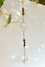 Load image into Gallery viewer, Double Prism Suncatcher with Tiger&#39;s Eye &amp; Amethyst Beads in Gold Frames – Rainbow Light Window Decor
