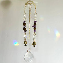 Load image into Gallery viewer, Gold Moon Phases Suncatcher with Amethyst &amp; Tiger’s Eye Beads and Gold Bells – Celestial Window Decor

