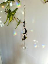 Load image into Gallery viewer, Gold Half Moon Suncatcher with Agate &amp; Tiger’s Eye Beads and Brass Bells – Rainbow Prism Window Decor
