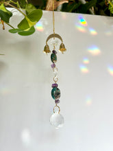 Load image into Gallery viewer, Gold Charm Mini Suncatcher with Turquoise &amp; Amethyst Beads and Gold Bells – Rainbow Prism Window Decor
