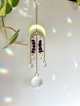 Load image into Gallery viewer, Suncatcher with Two Gold Moon Charms, Amethyst &amp; Tiger’s Eye Beads, and Prism Accents – Celestial Light Decor

