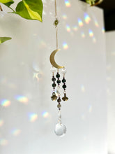 Load image into Gallery viewer, Gold Moon Suncatcher with Agate &amp; Amethyst Beads, Brass Bells, and Sunburst Charm – Witchy Boho Decor
