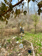 Load image into Gallery viewer, Gold Moon Suncatcher with Agate &amp; Amethyst Beads, Brass Bells, and Sunburst Charm – Witchy Boho Decor
