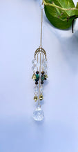 Load image into Gallery viewer, Gold Moon Phases Suncatcher with Turquoise &amp; Tiger’s Eye Beads, Bells, and Crystal Accents – Witchy Boho Decor
