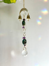 Load image into Gallery viewer, Gold Charm Mini Suncatcher with Turquoise &amp; Amethyst Beads and Gold Bells – Rainbow Prism Window Decor
