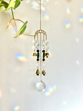 Load image into Gallery viewer, Gold Moon Phases Suncatcher with Turquoise &amp; Tiger’s Eye Beads, Bells, and Crystal Accents – Witchy Boho Decor

