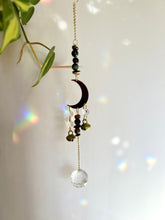 Load image into Gallery viewer, Gold Half Moon Suncatcher with Agate &amp; Tiger’s Eye Beads and Brass Bells – Rainbow Prism Window Decor
