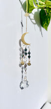 Load image into Gallery viewer, Gold Moon Suncatcher with Agate &amp; Amethyst Beads, Brass Bells, and Sunburst Charm – Witchy Boho Decor
