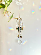 Load image into Gallery viewer, Gold Moon Phases Suncatcher with Turquoise &amp; Tiger’s Eye Beads, Bells, and Crystal Accents – Witchy Boho Decor
