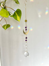 Load image into Gallery viewer, Gold Moon Suncatcher with Amethyst &amp; Citrine Beads and Sun Charm – Rainbow Light Window Decor
