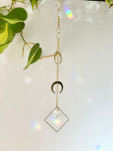 Load image into Gallery viewer, Double Gold Half Moon Suncatcher with Prism in Diamond Frame – Mystical Rainbow Window Decor
