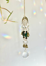 Load image into Gallery viewer, Gold Moon Phases Suncatcher with Turquoise &amp; Tiger’s Eye Beads, Bells, and Crystal Accents – Witchy Boho Decor
