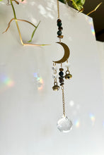 Load image into Gallery viewer, Gold Half Moon Suncatcher with Agate &amp; Tiger’s Eye Beads and Brass Bells – Rainbow Prism Window Decor
