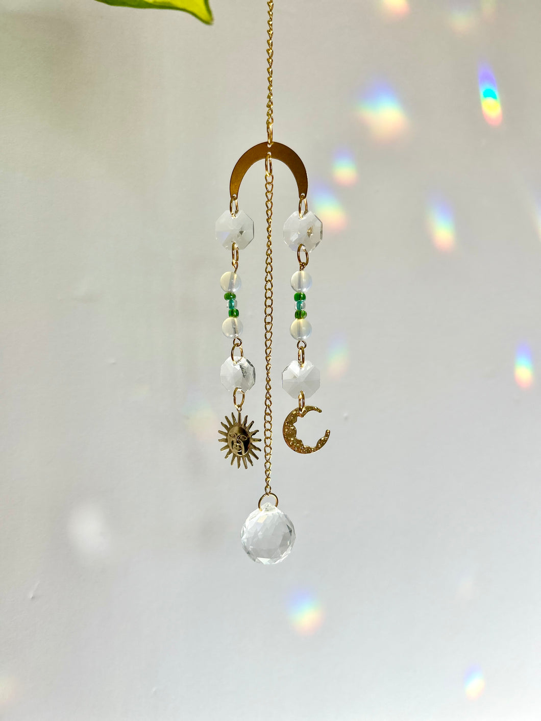 Mini Gold Charm Suncatcher with Opalite, Green & Blue Glass Beads, Sun & Moon Charms – Rainbow Prism Window Decor