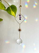 Load image into Gallery viewer, Rainbow Maker Suncatcher with Gold Half Moon &amp; Sun Charms, Amethyst Beads in Gold Diamond Frame – Prism Window Decor
