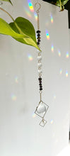 Load image into Gallery viewer, Rainbow Maker Suncatcher with Half Moon Charm, Tiger’s Eye &amp; Amethyst Beads in Gold Diamond Frames – Prism Window Decor
