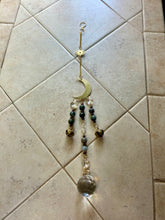 Load image into Gallery viewer, Gold Moon Suncatcher with Agate &amp; Amethyst Beads, Brass Bells, and Sunburst Charm – Witchy Boho Decor
