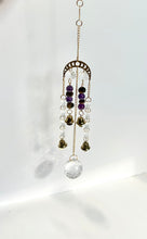 Load image into Gallery viewer, Gold Moon Phase Suncatcher with Amethyst &amp; Tiger’s Eye Beads, Gold Starburst Charm, Bells, and Sun Prism Beads – Witchy Boho Decor
