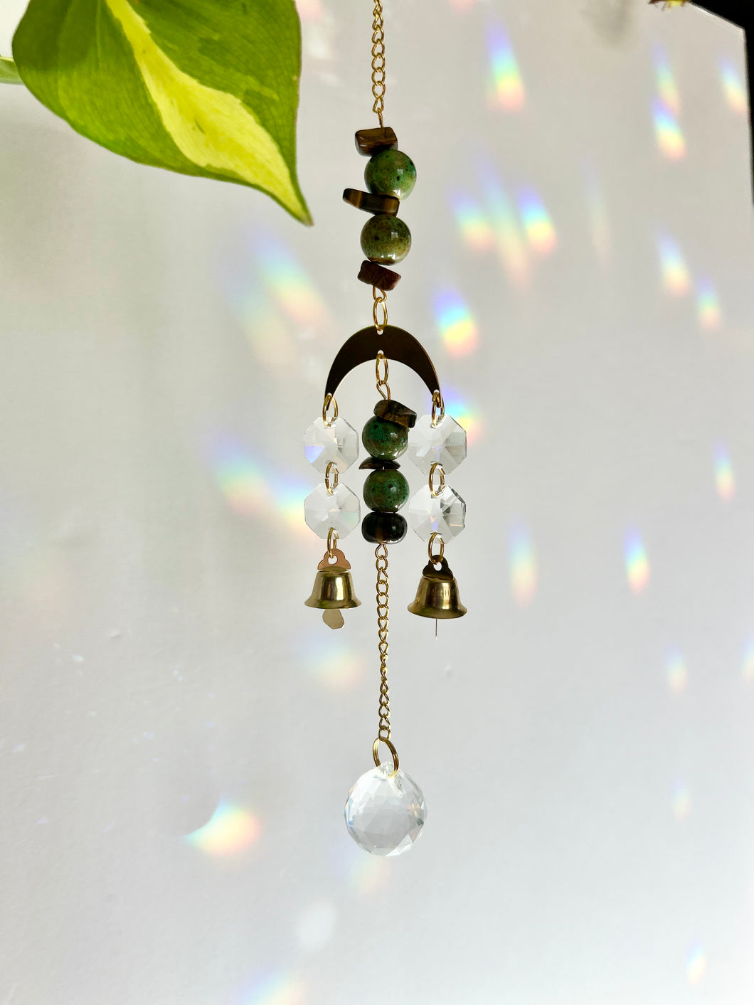 Mini Gold Moon Suncatcher with Turquoise Clay & Tiger’s Eye Beads, Gold Chain, and Bells – Witchy Boho Rainbow Light Decor