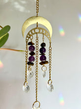 Load image into Gallery viewer, Suncatcher with Two Gold Moon Charms, Amethyst &amp; Tiger’s Eye Beads, and Prism Accents – Celestial Light Decor
