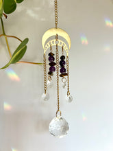 Load image into Gallery viewer, Suncatcher with Two Gold Moon Charms, Amethyst &amp; Tiger’s Eye Beads, and Prism Accents – Celestial Light Decor
