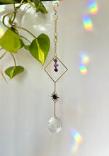 Load image into Gallery viewer, Rainbow Maker Suncatcher with Gold Half Moon &amp; Sun Charms, Amethyst Beads in Gold Diamond Frame – Prism Window Decor
