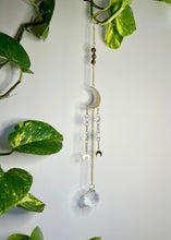 Load image into Gallery viewer, Gold Moon Sun Catcher – Light Prism Rainbow Maker with Tiger’s Eye + Amethyst Beads
