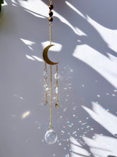 Load image into Gallery viewer, Gold Moon Sun Catcher – Light Prism Rainbow Maker with Tiger’s Eye + Amethyst Beads
