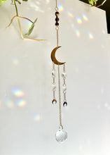 Load image into Gallery viewer, Gold Moon Sun Catcher – Light Prism Rainbow Maker with Tiger’s Eye + Amethyst Beads
