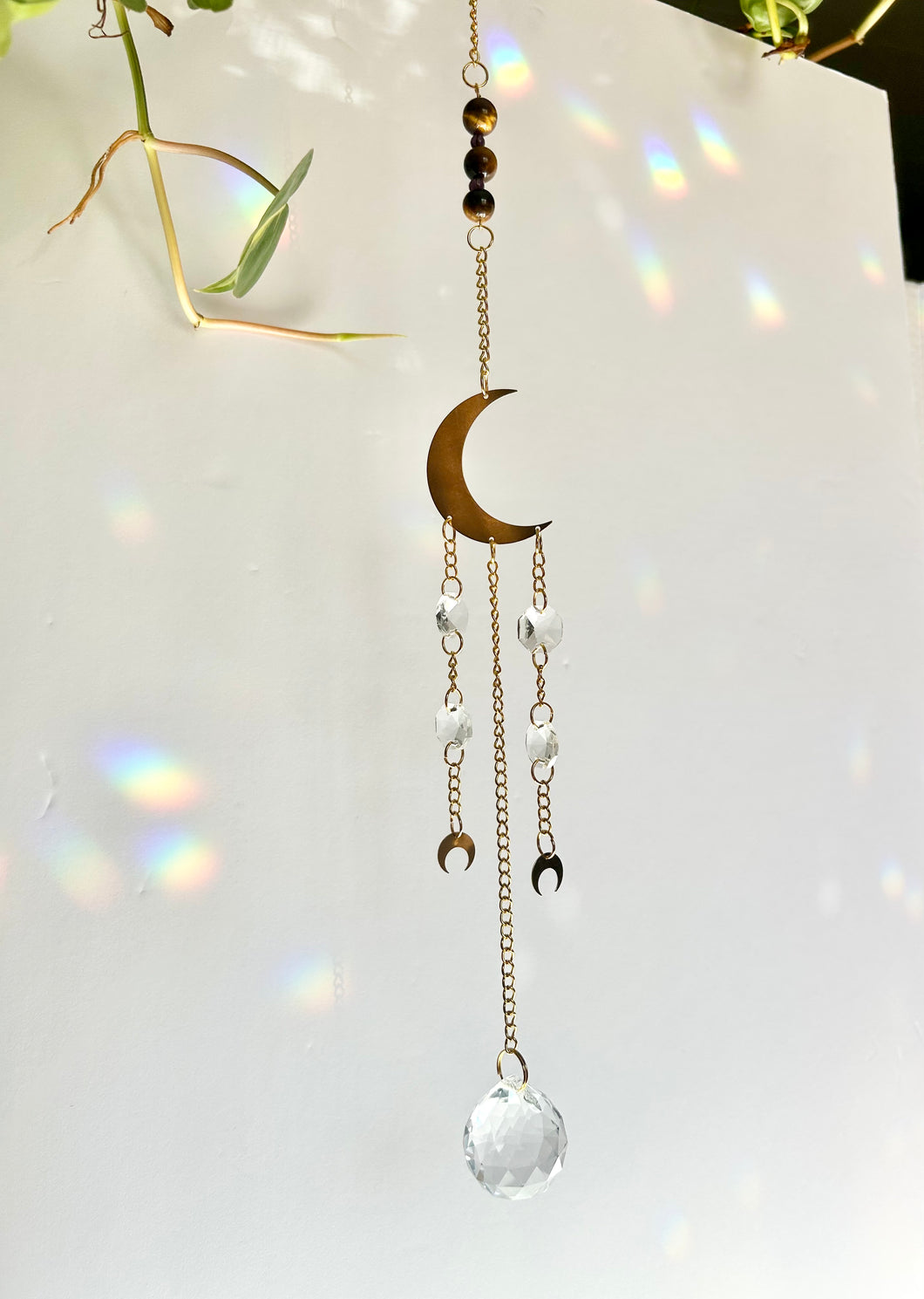Gold Moon Sun Catcher – Light Prism Rainbow Maker with Tiger’s Eye + Amethyst Beads