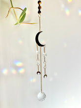 Load image into Gallery viewer, Gold Moon Sun Catcher – Light Prism Rainbow Maker with Tiger’s Eye + Amethyst Beads

