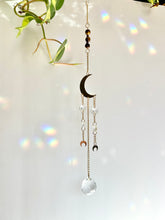 Load image into Gallery viewer, Gold Moon Sun Catcher – Light Prism Rainbow Maker with Tiger’s Eye + Amethyst Beads
