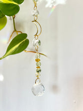 Load image into Gallery viewer, Mini Gold Moon Suncatcher with Aventurine &amp; Citrine Beads – Rainbow Light Prism Decor
