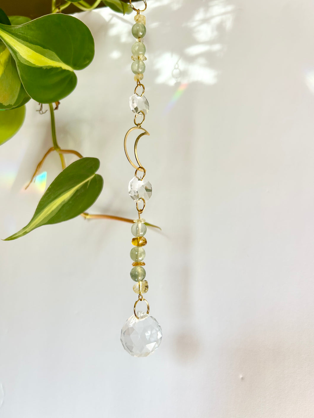 Mini Gold Moon Suncatcher with Aventurine & Citrine Beads – Rainbow Light Prism Decor