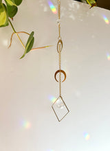 Load image into Gallery viewer, Double Gold Half Moon Suncatcher with Prism in Diamond Frame – Mystical Rainbow Window Decor
